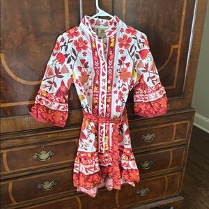 FARM Rio Red and White Mini Sundress with 3/4 Bishop Sleeves and Mandarin Collar